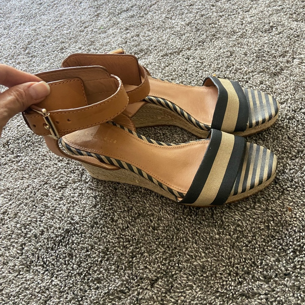 Coach Navy and Tan Wedge Espadrilles
